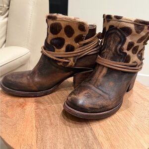 Freebird Distressed Brown Ankle Boots with Leopard Print